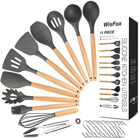 Ustensiles de Cuisine Wis Fox en Silicone Avec Poignées en Bois de Qualité Supérieure 11 Pièces + 10 Crochets en S Gris